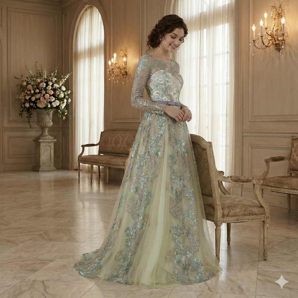 NWT Size 4 Rina diMontella Aqua & Multi Embroidered Botanical Gown - Picture 2 of 14
